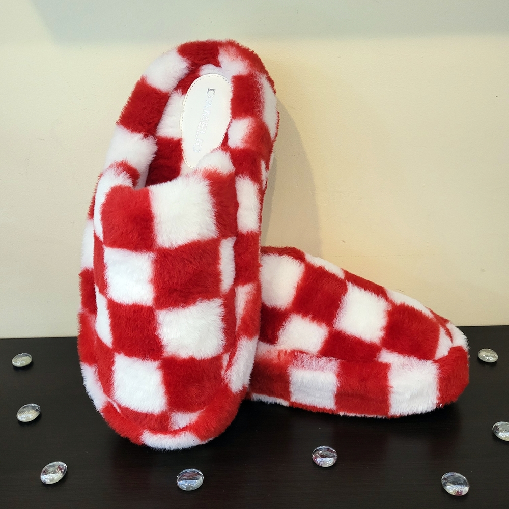 D'Amelio Red And White Checkered Comfy Faux Fur Slides Shoes
